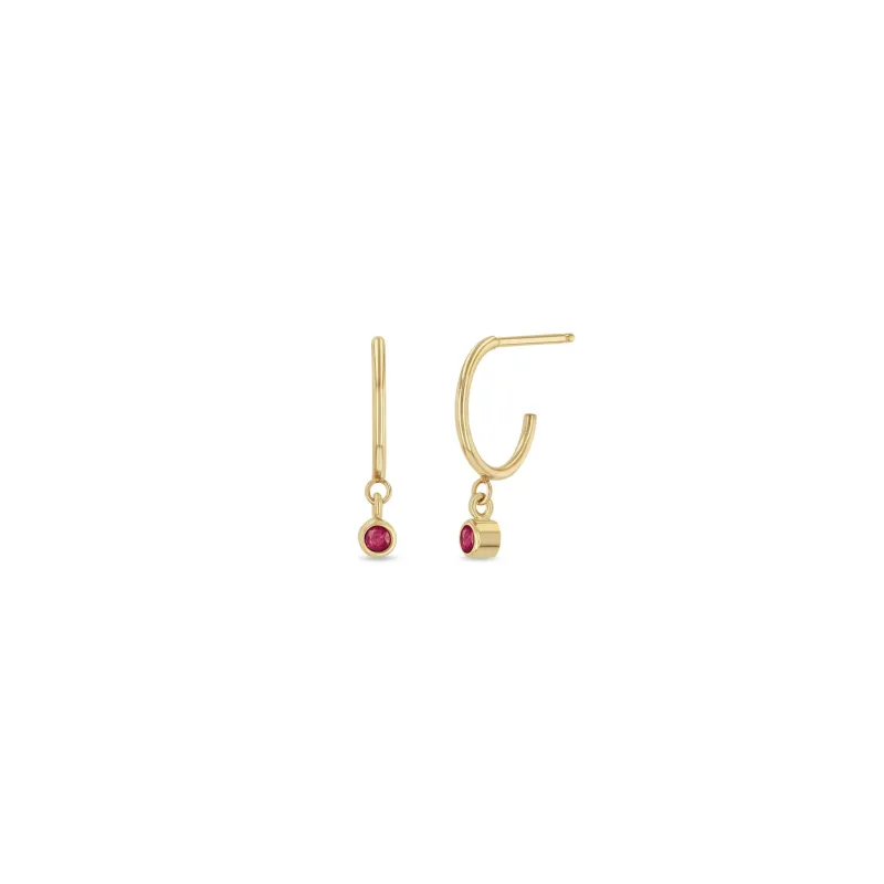 14k Dangling Ruby Huggie Hoops | July Birthstone sold by Zoe Chicco