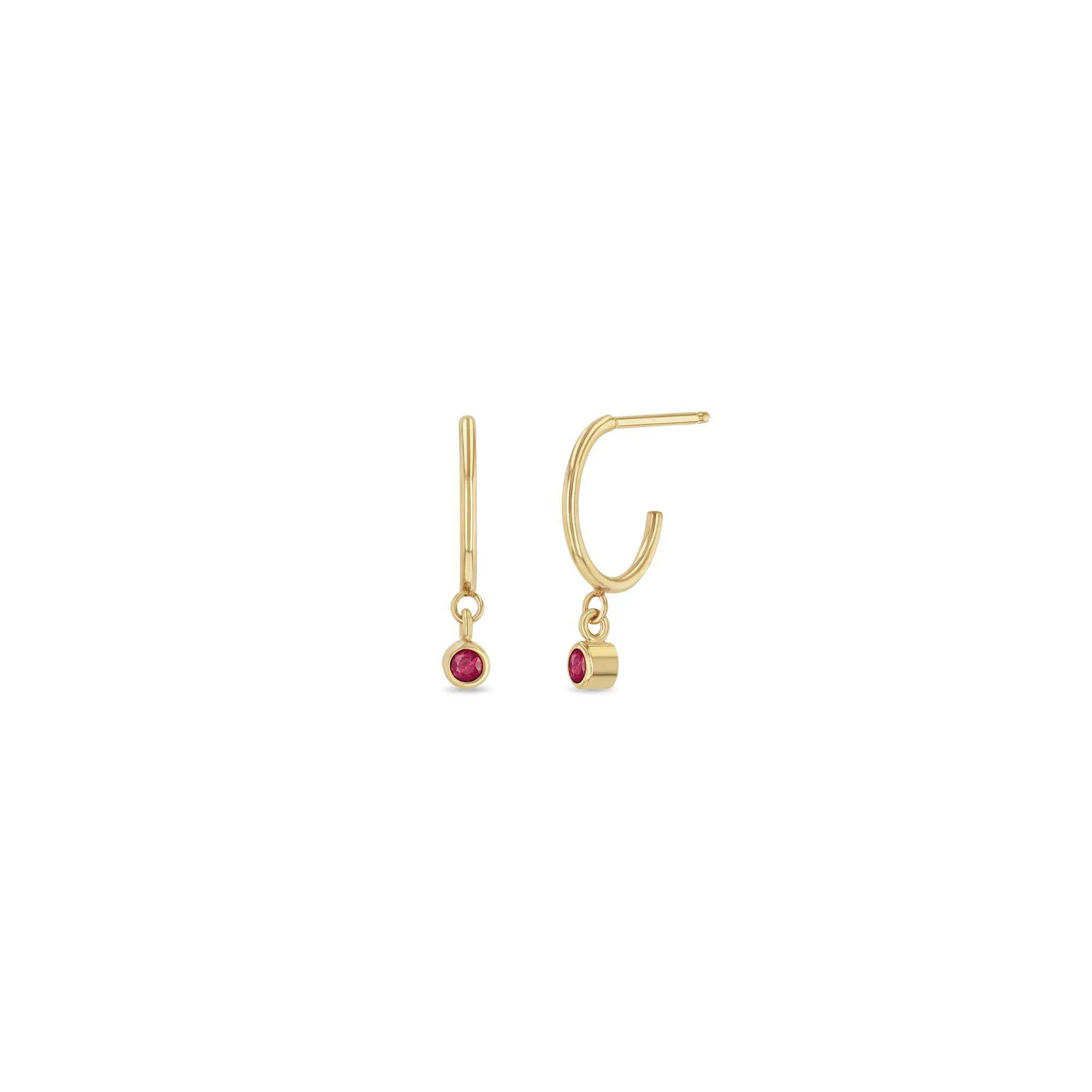 14k Dangling Ruby Huggie Hoops | July Birthstone sold by Zoe Chicco