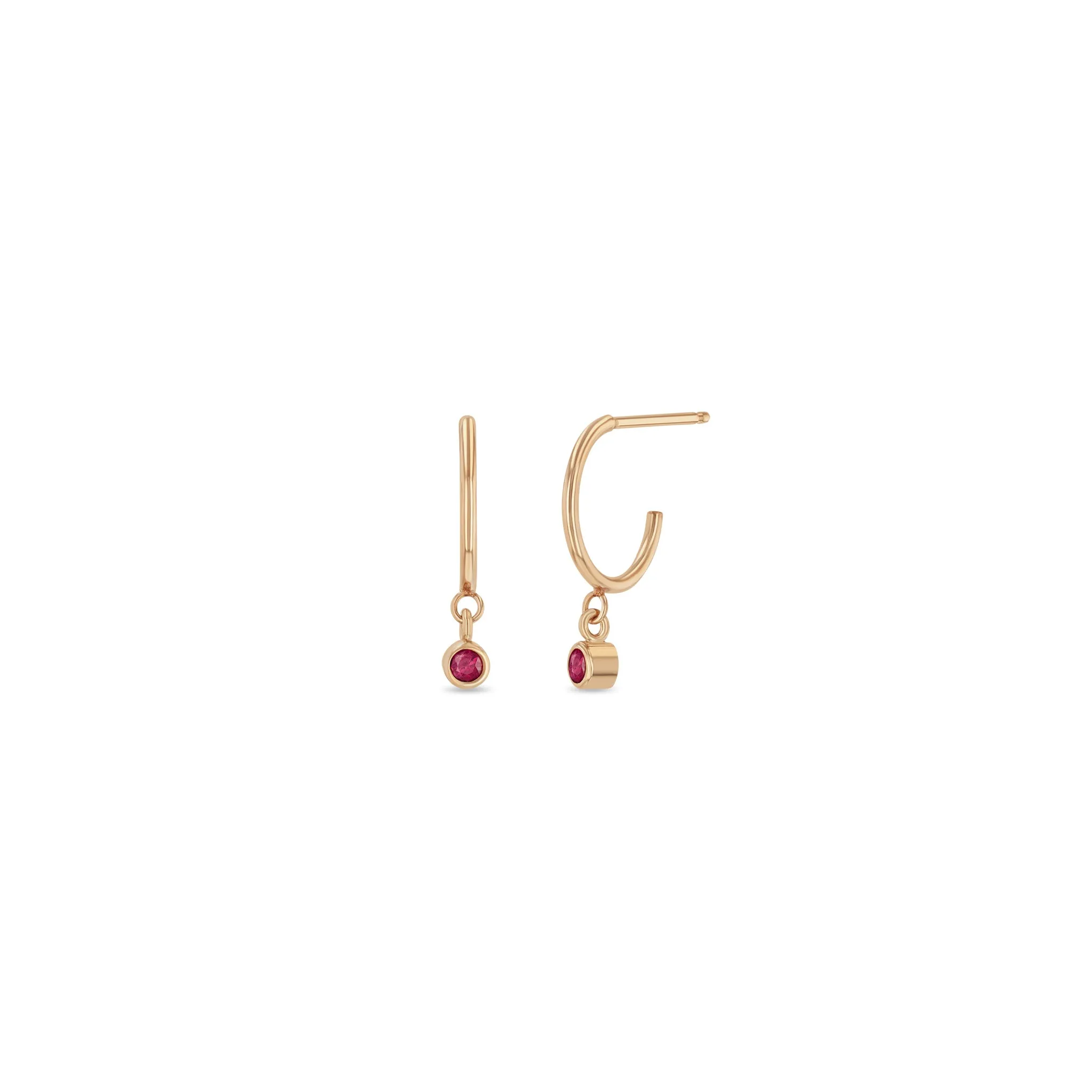 14k Dangling Ruby Huggie Hoops | July Birthstone sold by Zoe Chicco product image thumbnail 2