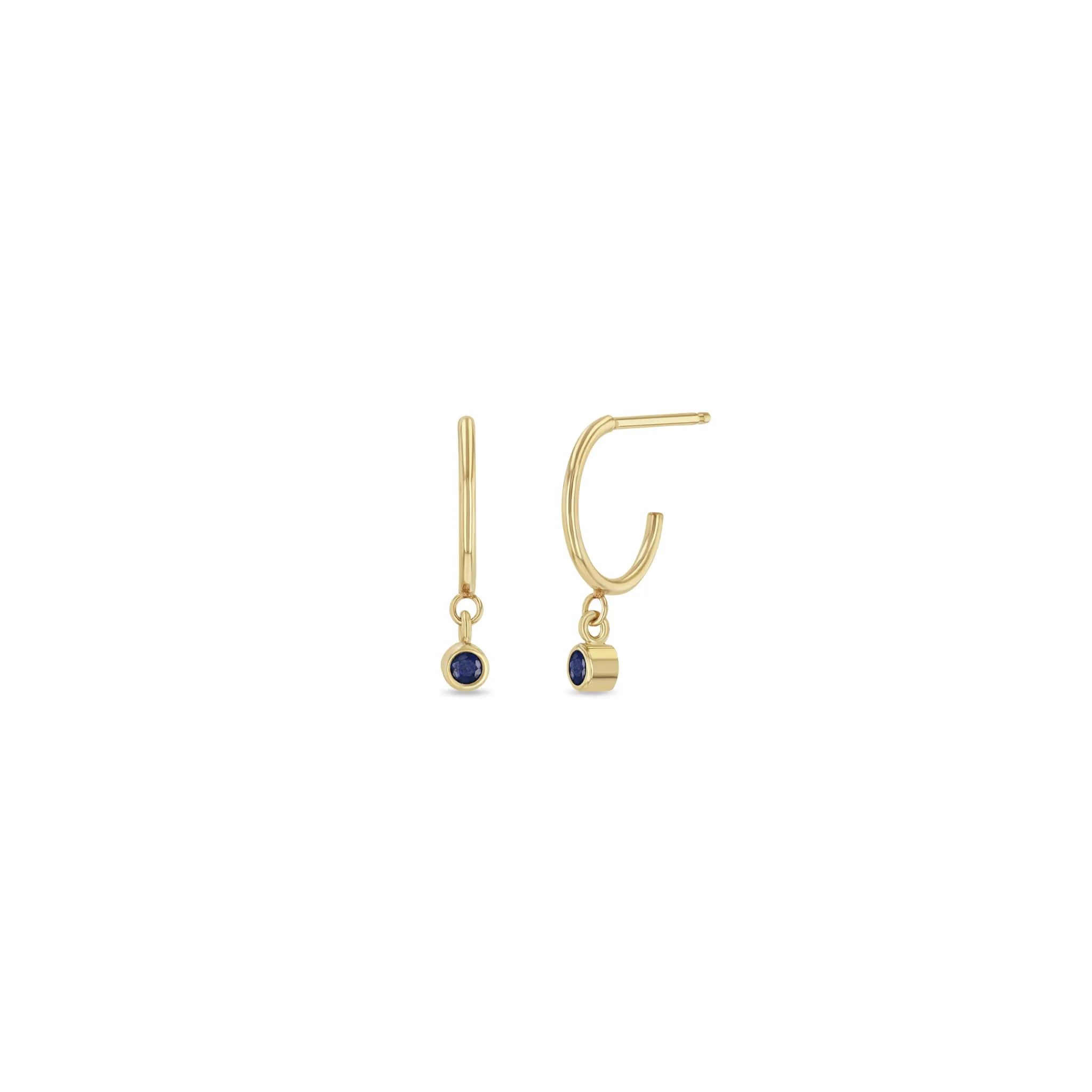 14k Dangling Blue Sapphire Huggie Hoops | September Birthstone sold by Zoe Chicco