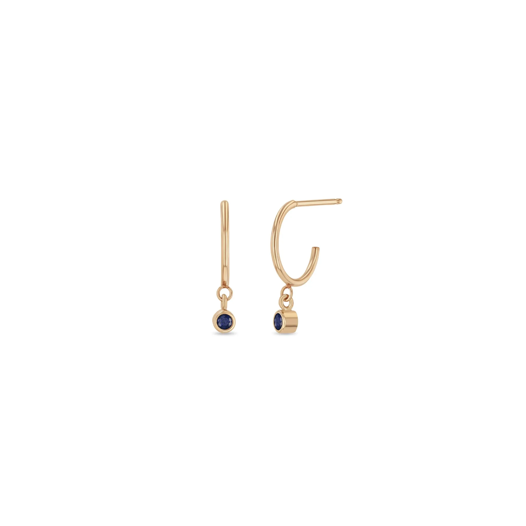 14k Dangling Blue Sapphire Huggie Hoops | September Birthstone sold by Zoe Chicco product image thumbnail 2