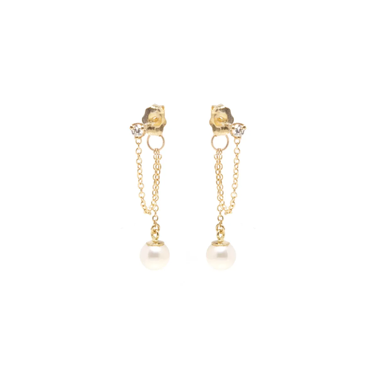 14k Prong Diamond Chain Huggie Earrings with Pearl Drop sold by Zoe Chicco