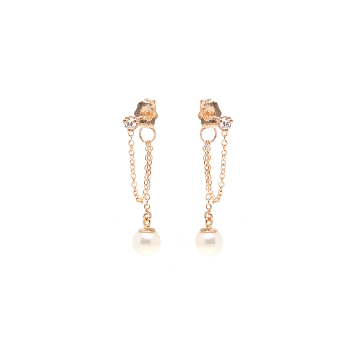 14k Prong Diamond Chain Huggie Earrings with Pearl Drop sold by Zoe Chicco product image thumbnail 3