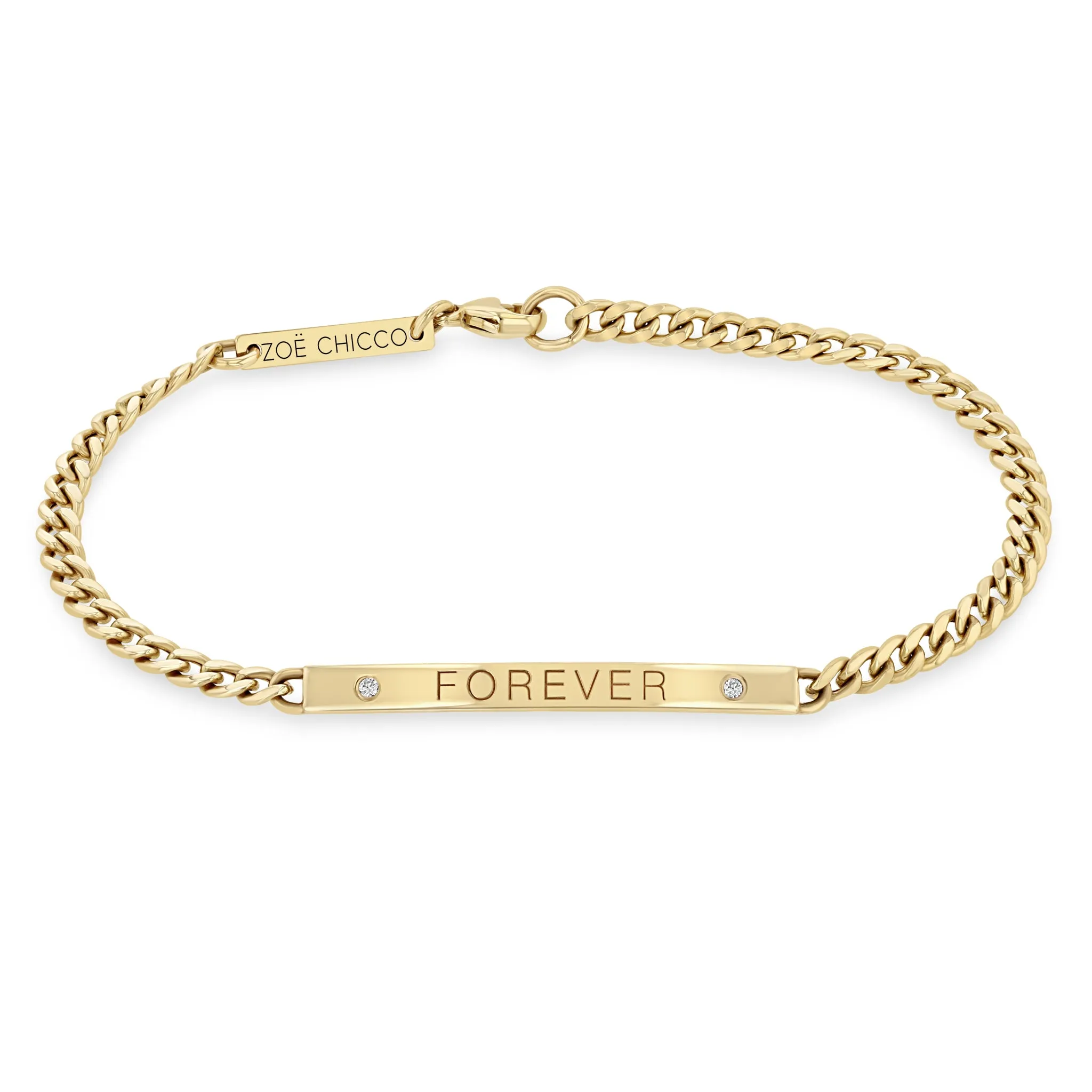 14k Small Curb Chain Personalized ID Bracelet with 2 Diamonds sold by Zoe Chicco