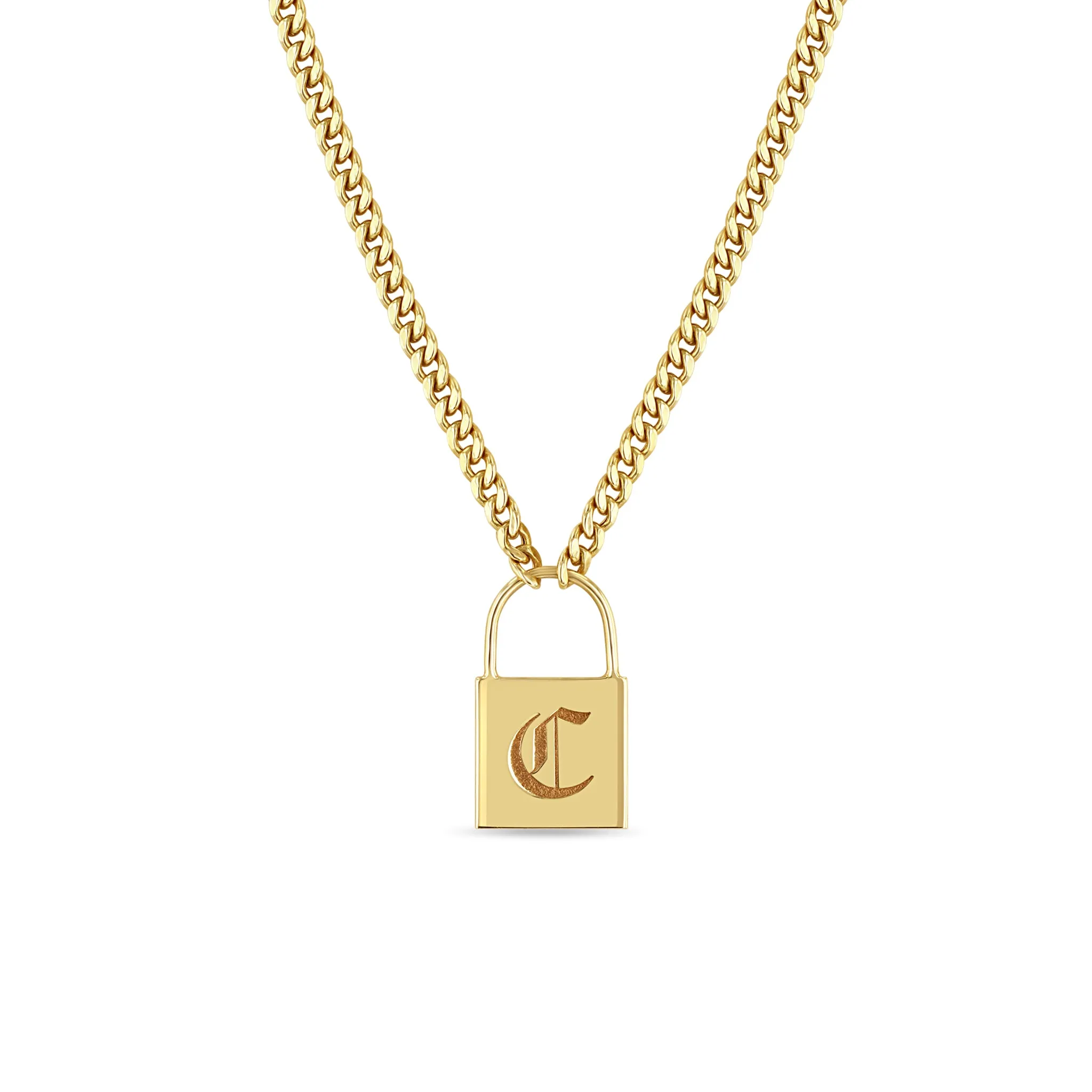 14k Large Engraved Initial Padlock Small Curb Chain Necklace sold by Zoe Chicco