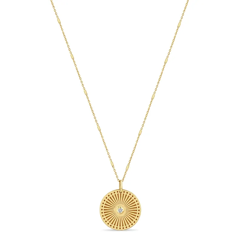 14k Small Sunbeam Medallion Diamond Bezel Necklace made by Zoe Chicco