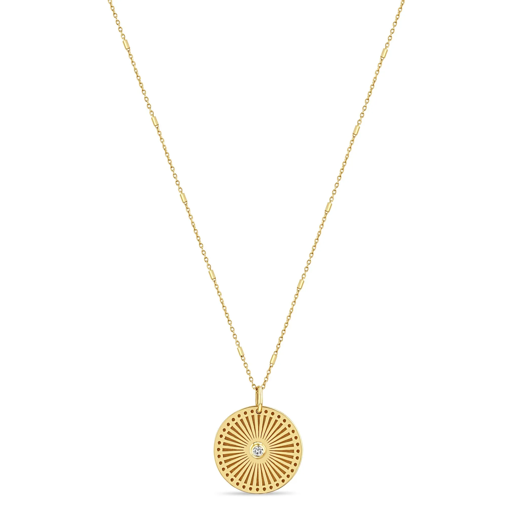 14k Small Sunbeam Medallion Diamond Bezel Necklace sold by Zoe Chicco