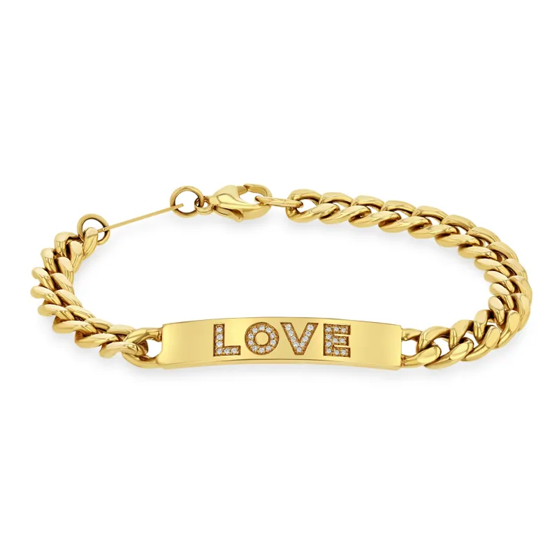 14k Pavé Diamond LOVE Large Curb Chain ID Bracelet sold by Zoe Chicco