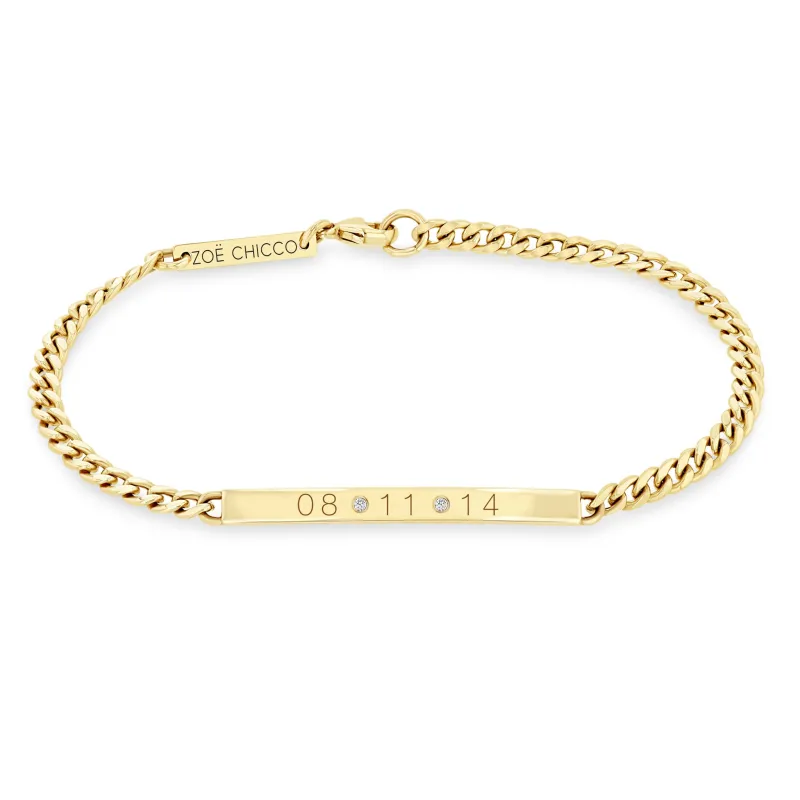14k Small Curb Chain Date ID Bracelet with Diamonds sold by Zoe Chicco