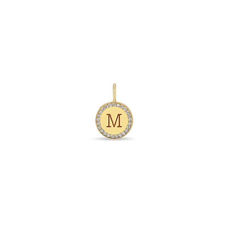 14k Single Small Engraved Initial with Diamond Halo Disc Charm Pendant sold by Zoe Chicco