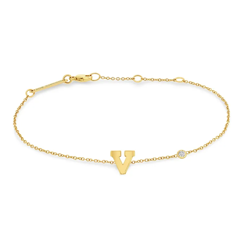 14k Gold Initial Letter Bracelet with Floating Diamond sold by Zoe Chicco
