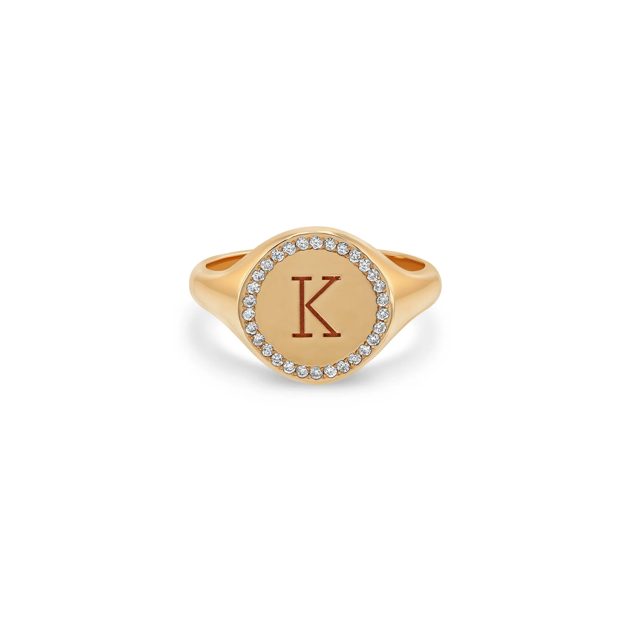 14k Medium Engraved Initial with Diamond Halo Round Signet Ring sold by Zoe Chicco product image thumbnail 4