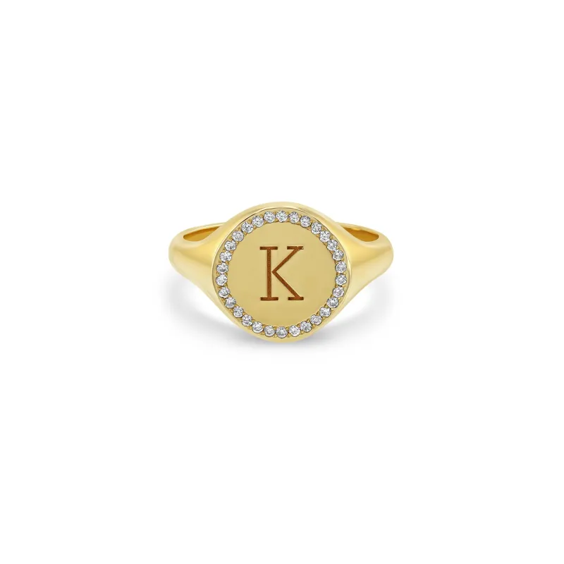 14k Medium Engraved Initial with Diamond Halo Round Signet Ring sold by Zoe Chicco