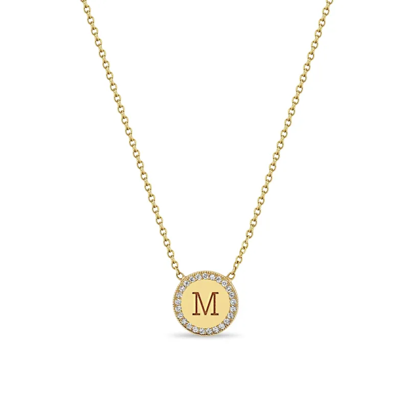 14k Small Engraved Initial & Diamond Halo Disc Necklace sold by Zoe Chicco
