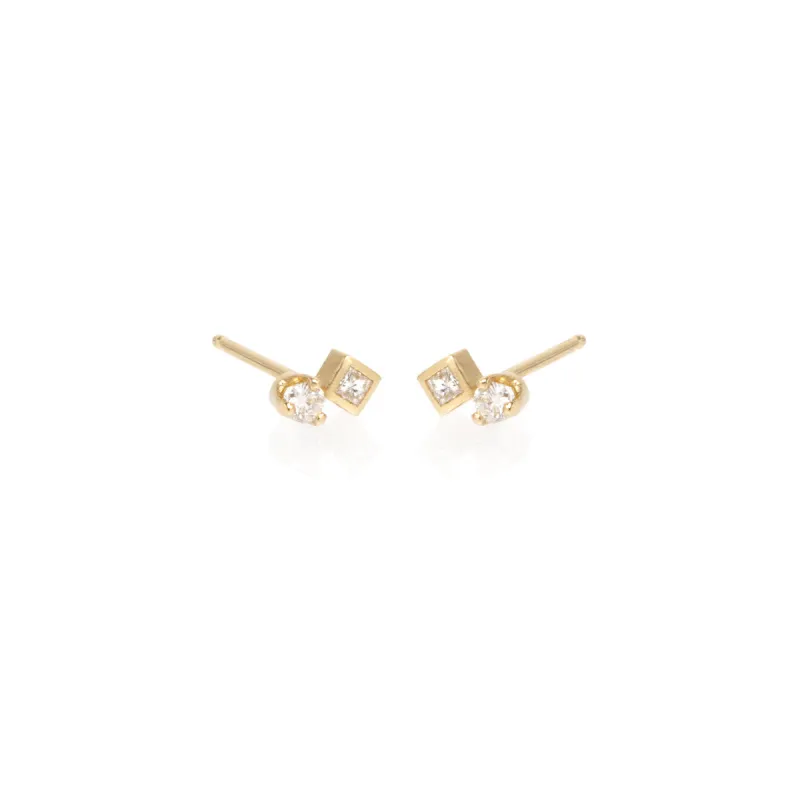 14k Mixed Round & Princess Diamond Studs sold by Zoe Chicco