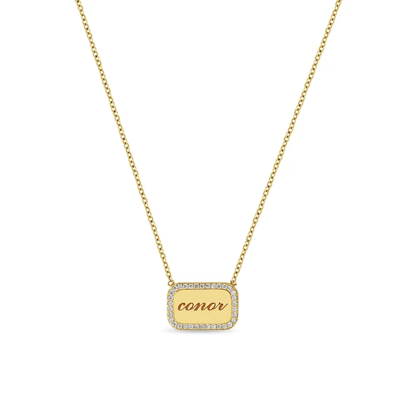 14k Personalized Rounded Rectangle Diamond Border Nameplate Necklace made by Zoe Chicco