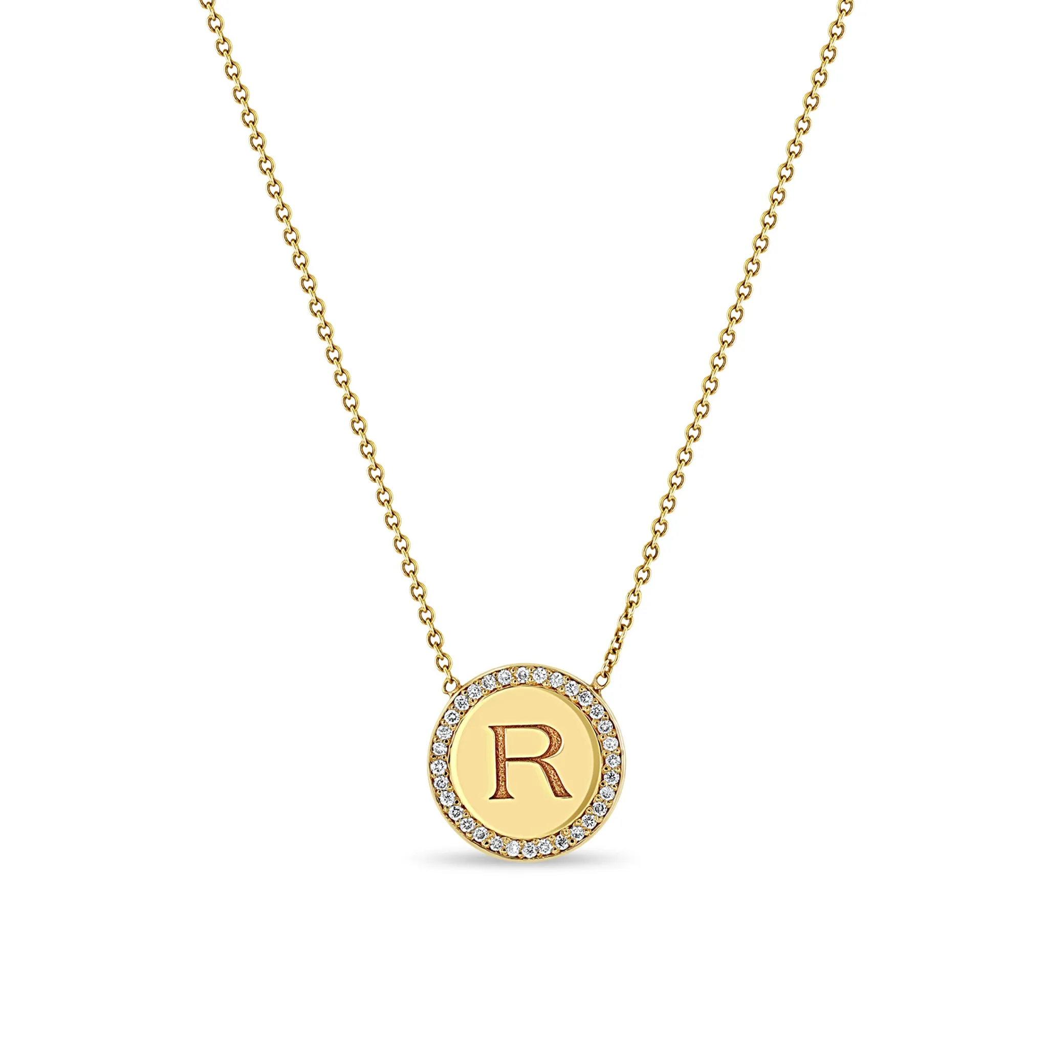 14k Medium Engraved Initial with Diamond Halo Disc Necklace sold by Zoe Chicco