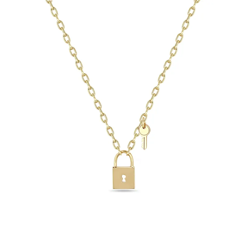 14k Padlock Pendant & Key Charm Small Square Oval Chain Necklace - SALE sold by Zoe Chicco