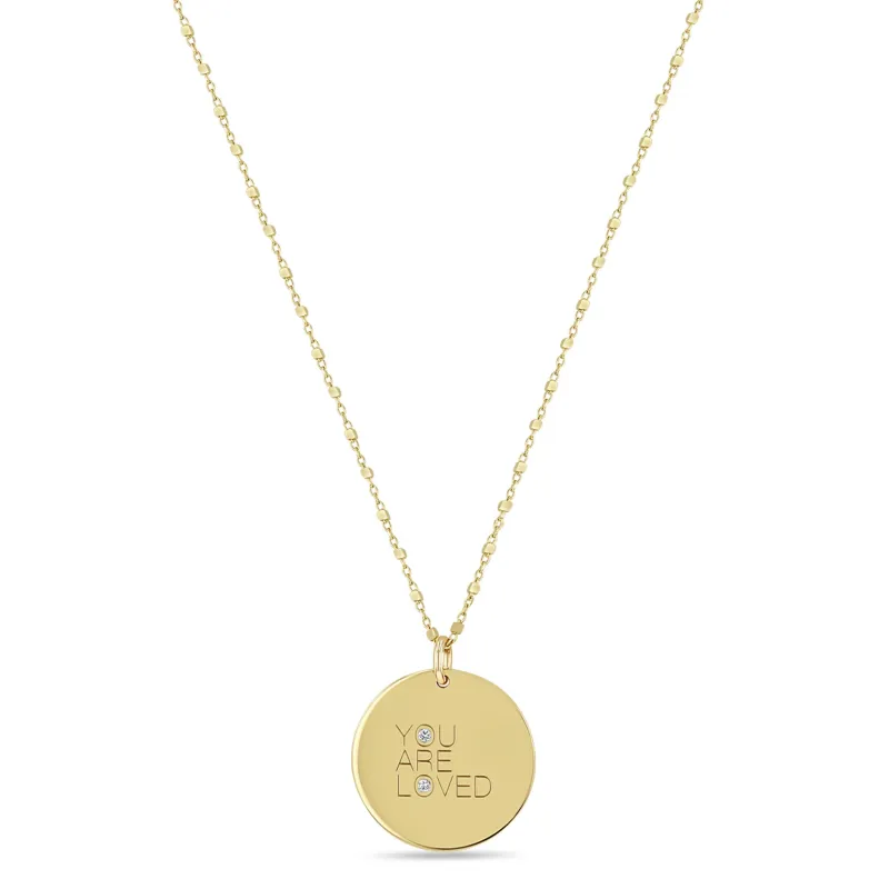 14k Medium "YOU ARE LOVED" with Diamonds Disc Pendant Square Bead Chain Necklace - SALE sold by Zoe Chicco
