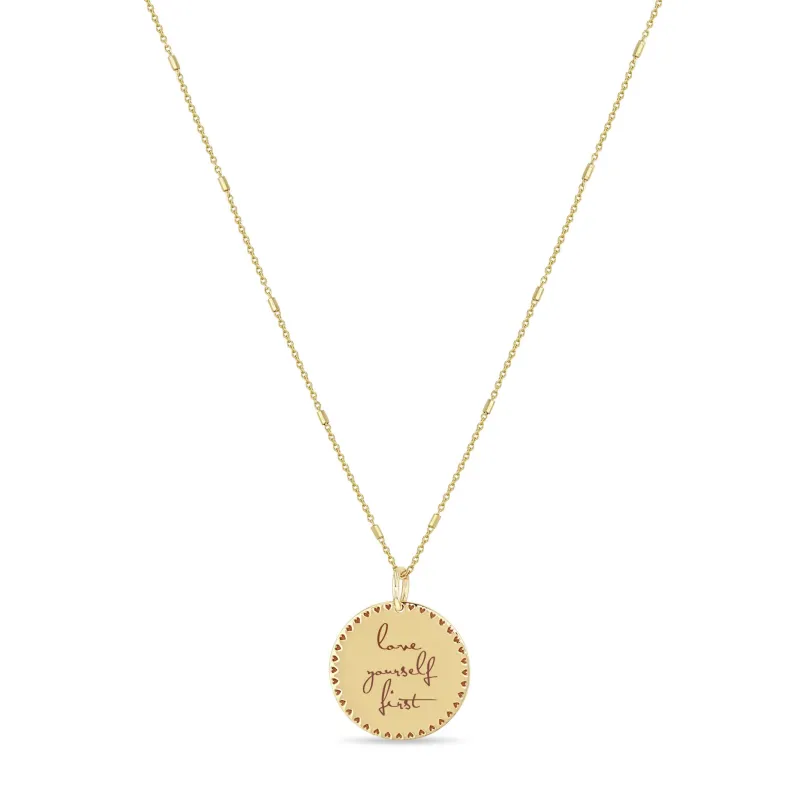 14k Small Mantra Heart Border Necklace on Tiny Bar & Cable Chain - SALE sold by Zoe Chicco