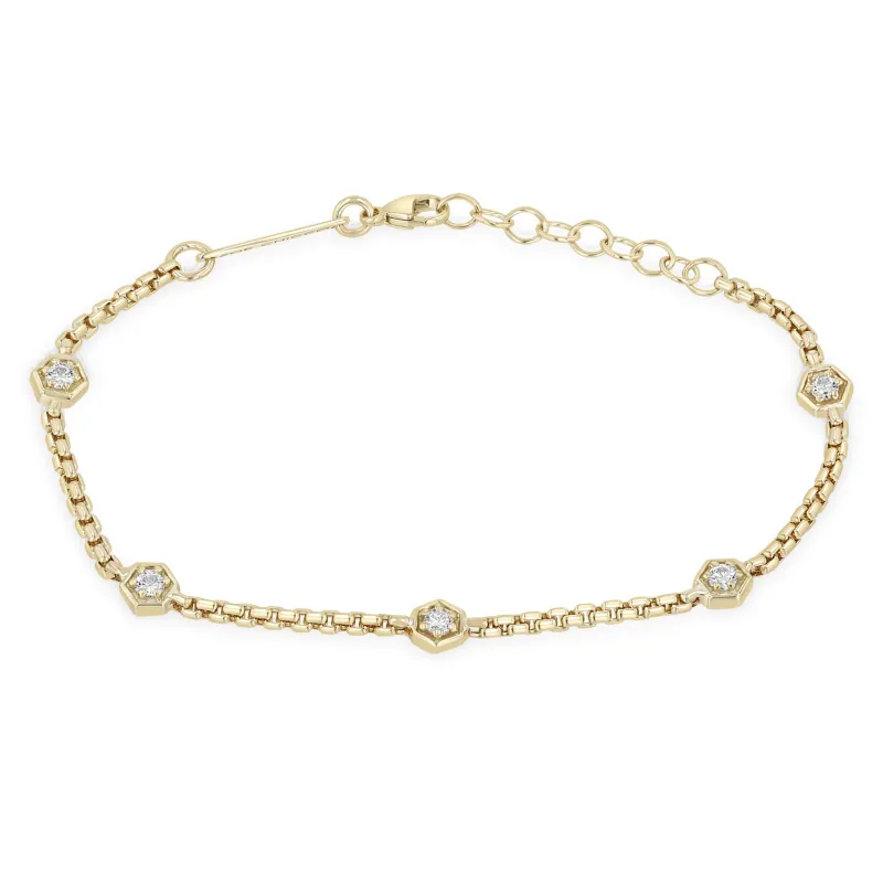14k Prong Diamond Hexagon Station Small Box Chain Bracelet sold by Zoe Chicco