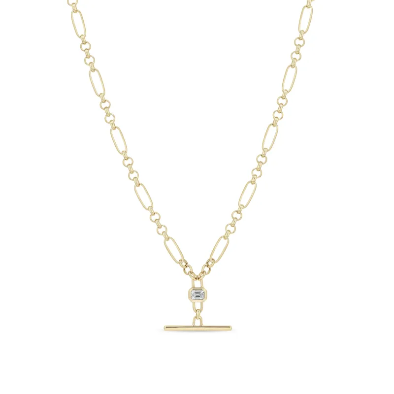 14k Emerald Cut Diamond Faux Toggle Paperclip & Rolo Chain Lariat Necklace made by Zoe Chicco