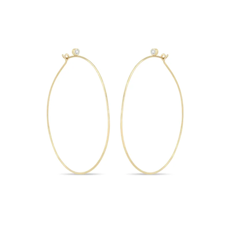 14k Gold Bezel Diamond Large Thin Hammered Hoops made by Zoe Chicco