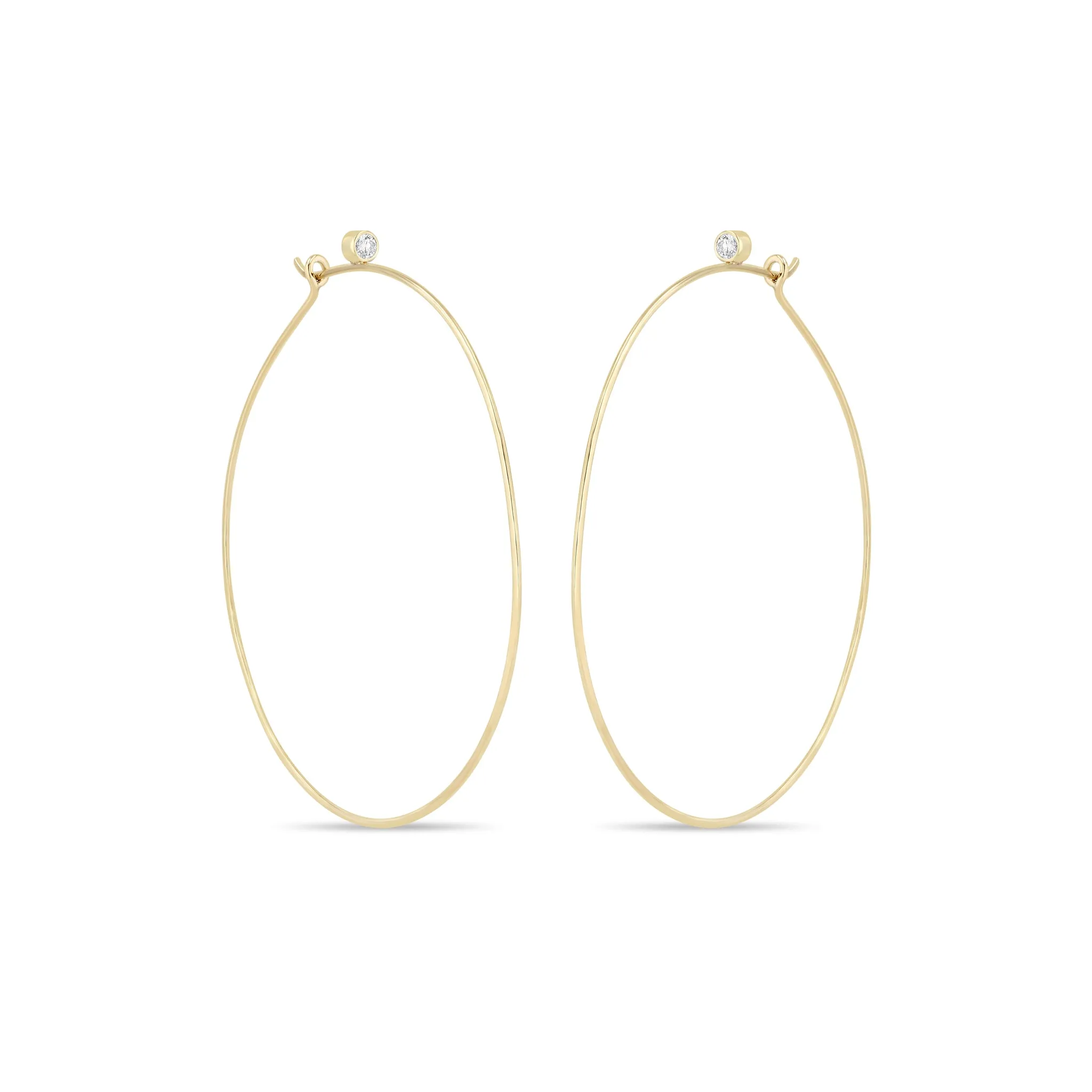 14k Gold Bezel Diamond Large Thin Hammered Hoops sold by Zoe Chicco