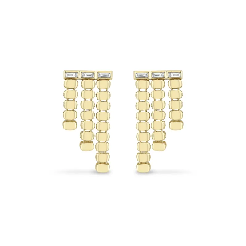 14k Gold Puffed Oval Chain & Baguette Diamond Waterfall Earrings made by Zoe Chicco