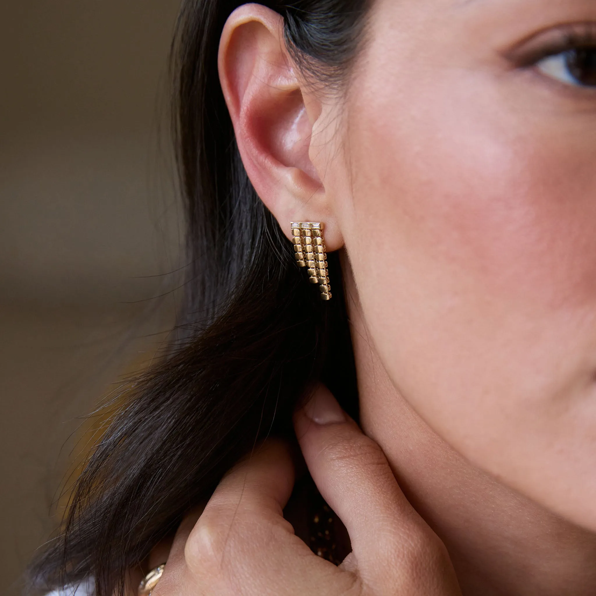 14k Gold Puffed Oval Chain & Baguette Diamond Waterfall Earrings sold by Zoe Chicco product image thumbnail 2