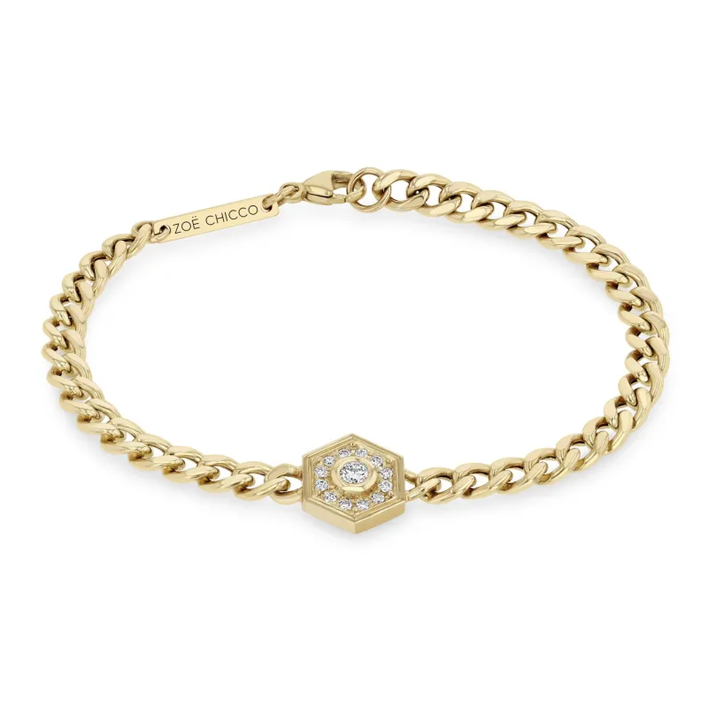 14k Medium Curb Chain Diamond Hexagon Halo Bracelet sold by Zoe Chicco