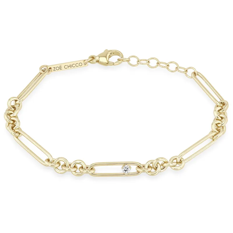 14k Single Nested Diamond Large Paperclip & Rolo Bracelet made by Zoe Chicco