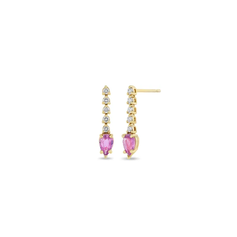 14k Short Drop Diamond Tennis Pink Sapphire Pear Earrings made by Zoe Chicco