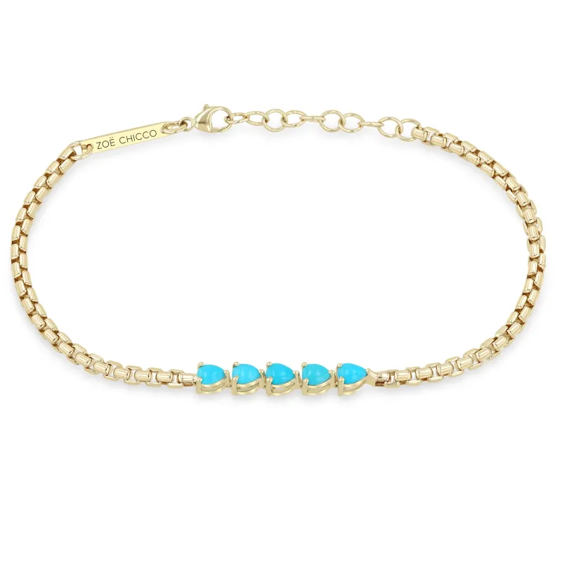 14k 5 Linked Pear Turquoise Box Chain Bracelet made by Zoe Chicco