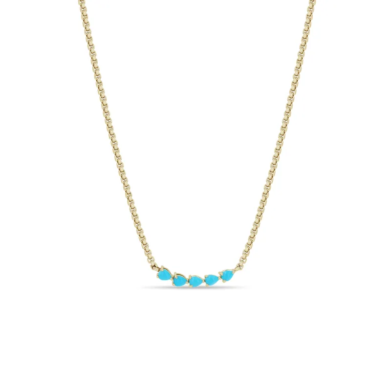 14k 5 Pear Turquoise Small Box Chain Necklace made by Zoe Chicco