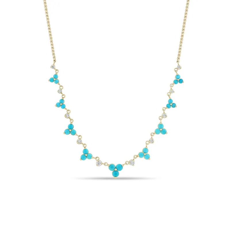 14k Linked Graduated Turquoise and Diamond Trio Necklace made by Zoe Chicco