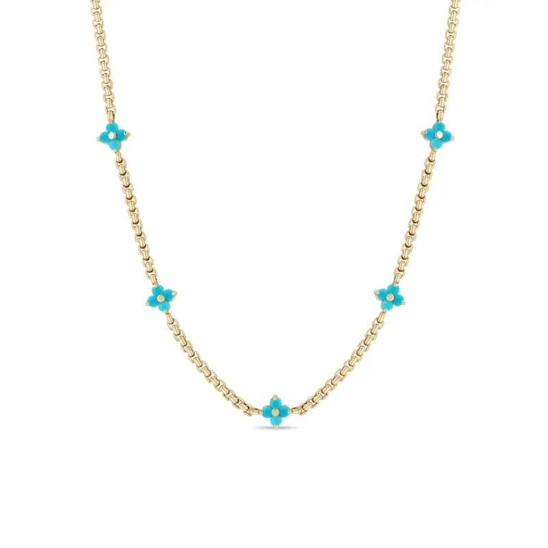 14k Prong Turquoise Quad Station Box Chain Necklace made by Zoe Chicco