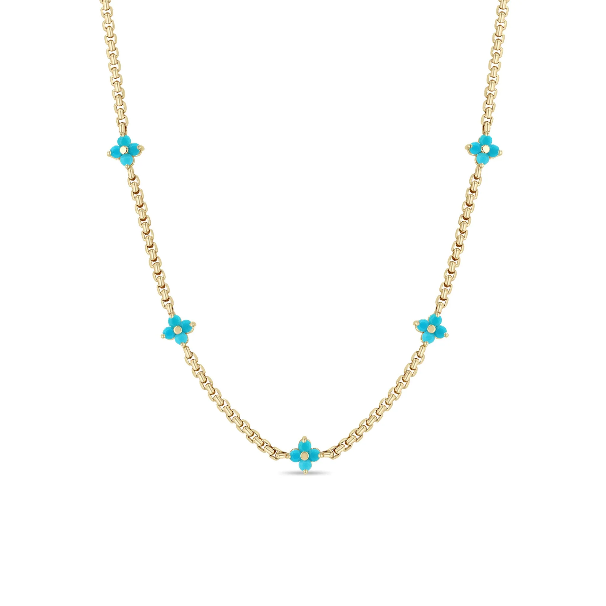 14k Prong Turquoise Quad Station Box Chain Necklace sold by Zoe Chicco