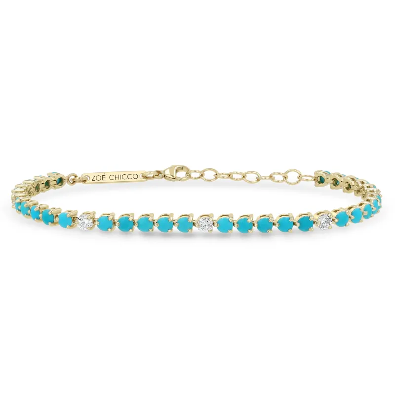 14k Prong Turquoise & Diamond Station Tennis Bracelet made by Zoe Chicco