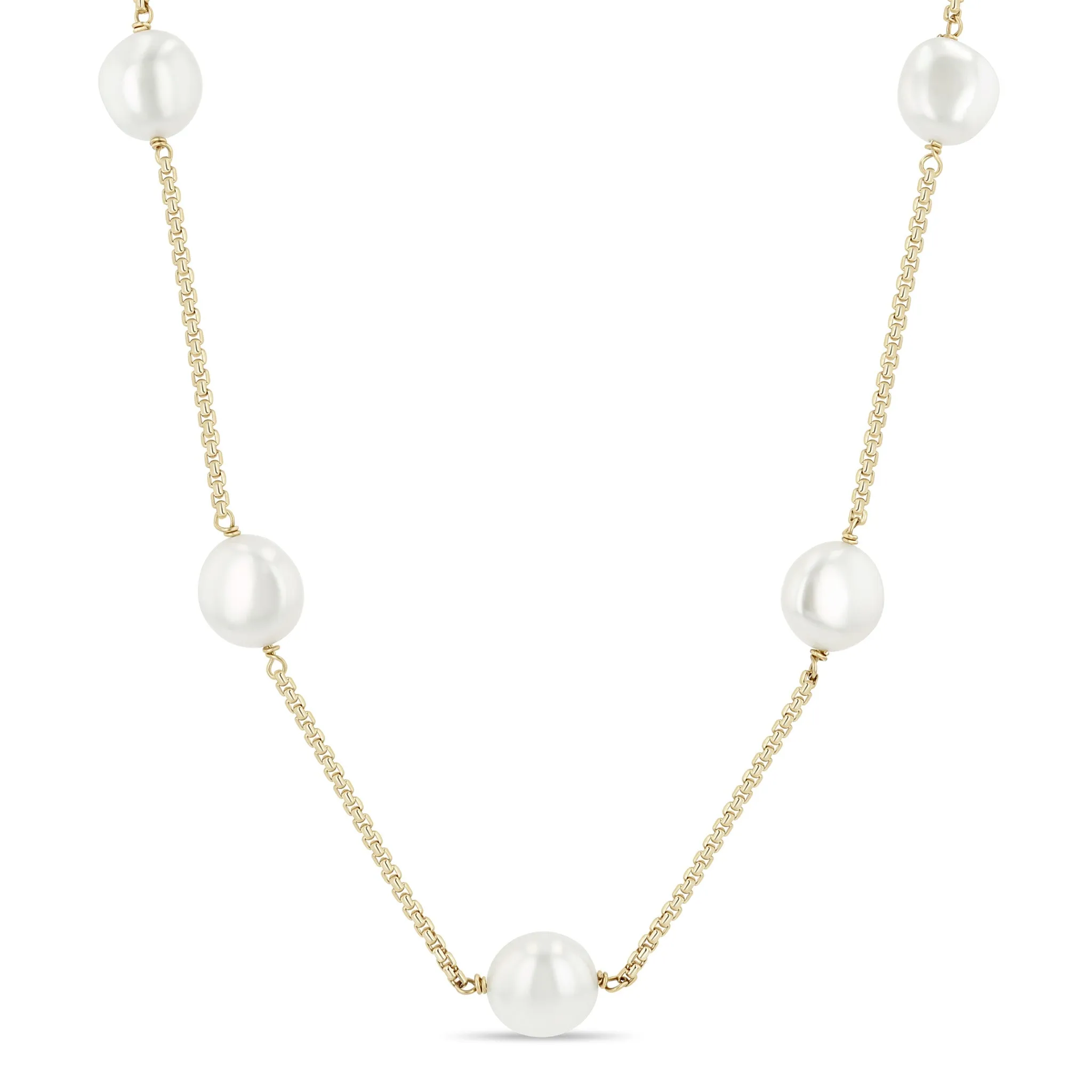 14k Small Box Chain Baroque Pearl Station Necklace sold by Zoe Chicco