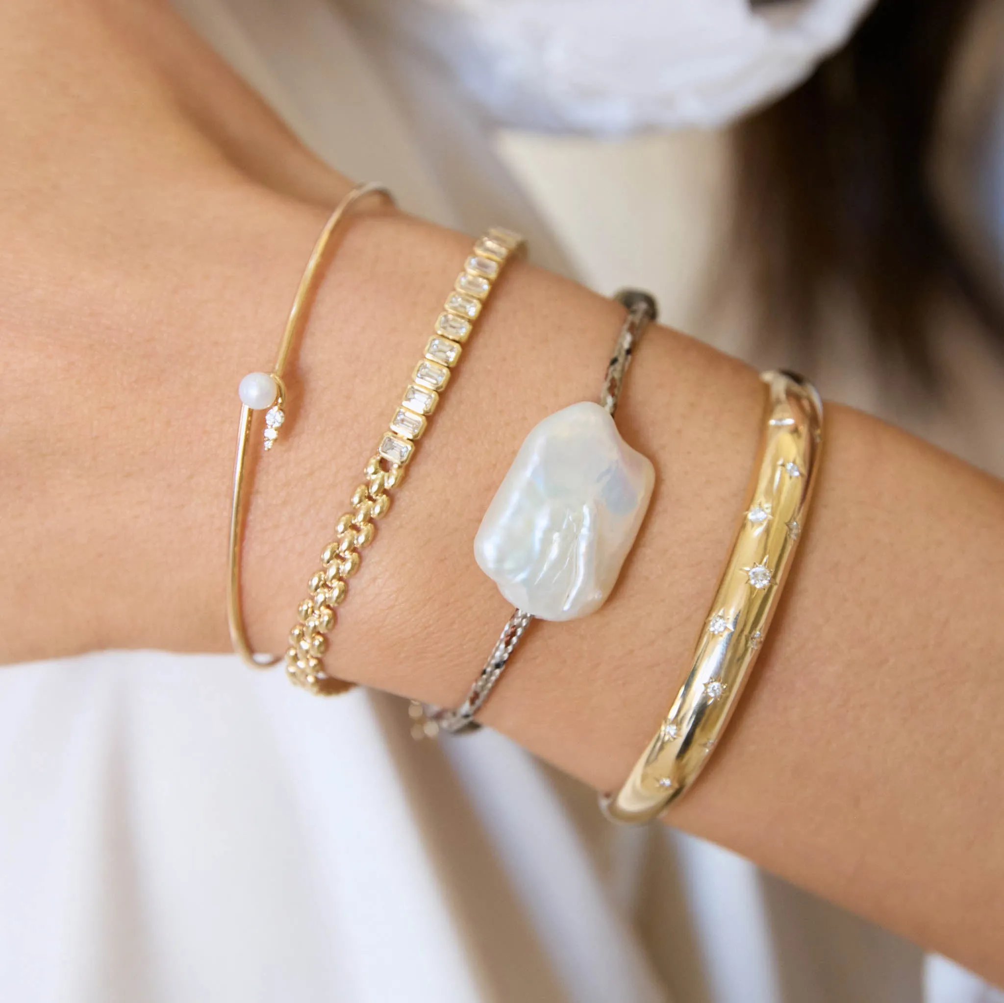 14k Freshwater Pearl with Graduated Diamond Hook Cuff Bangle sold by Zoe Chicco product image thumbnail 2