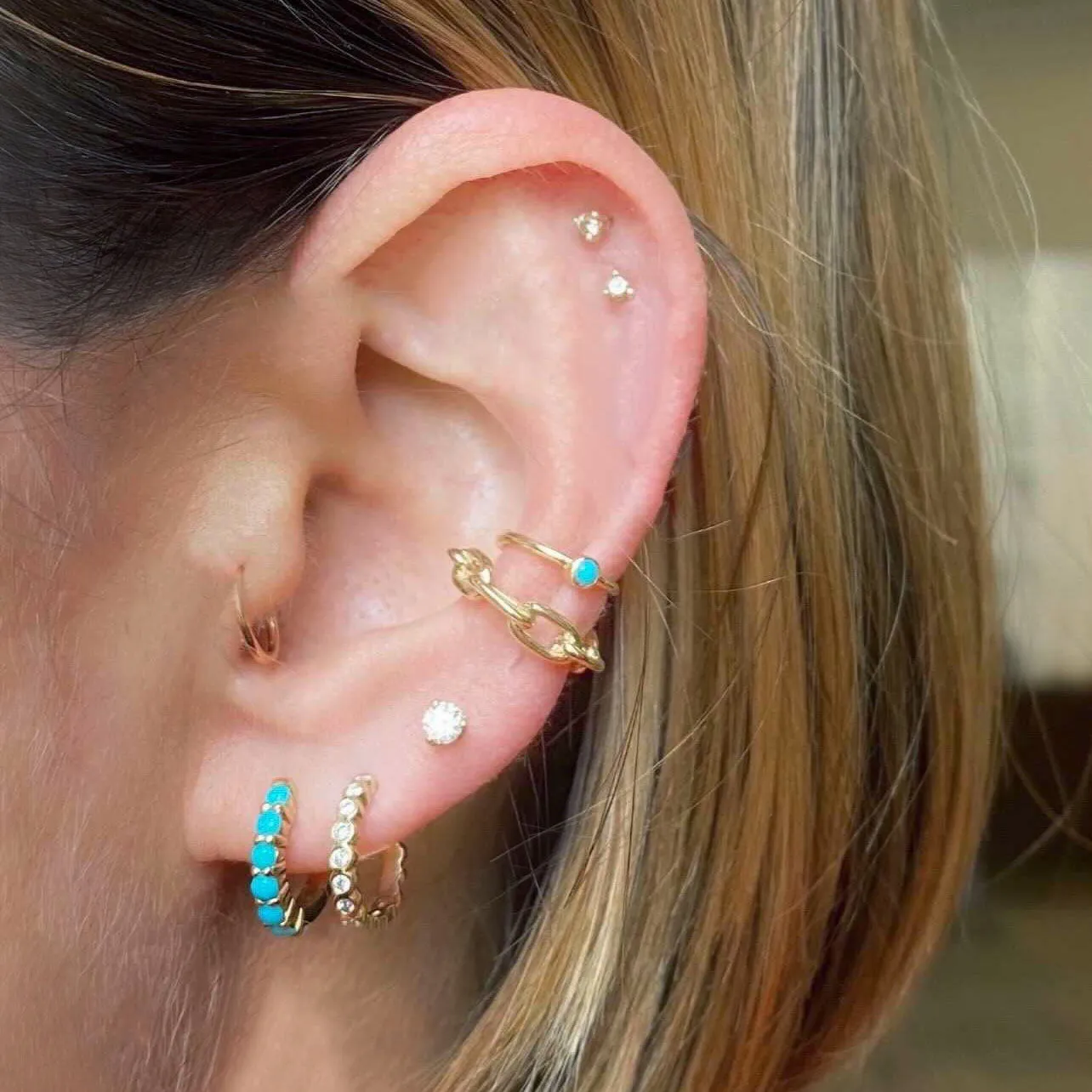 14k Prong Set Turquoise Small Hinge Huggie Hoops - SALE sold by Zoe Chicco product image thumbnail 3