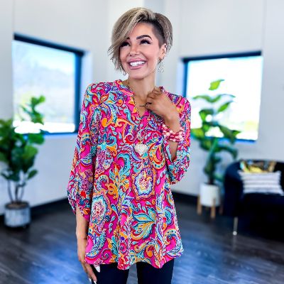Hot Pink Bold Paisley Lizzy Top sold by ZZs