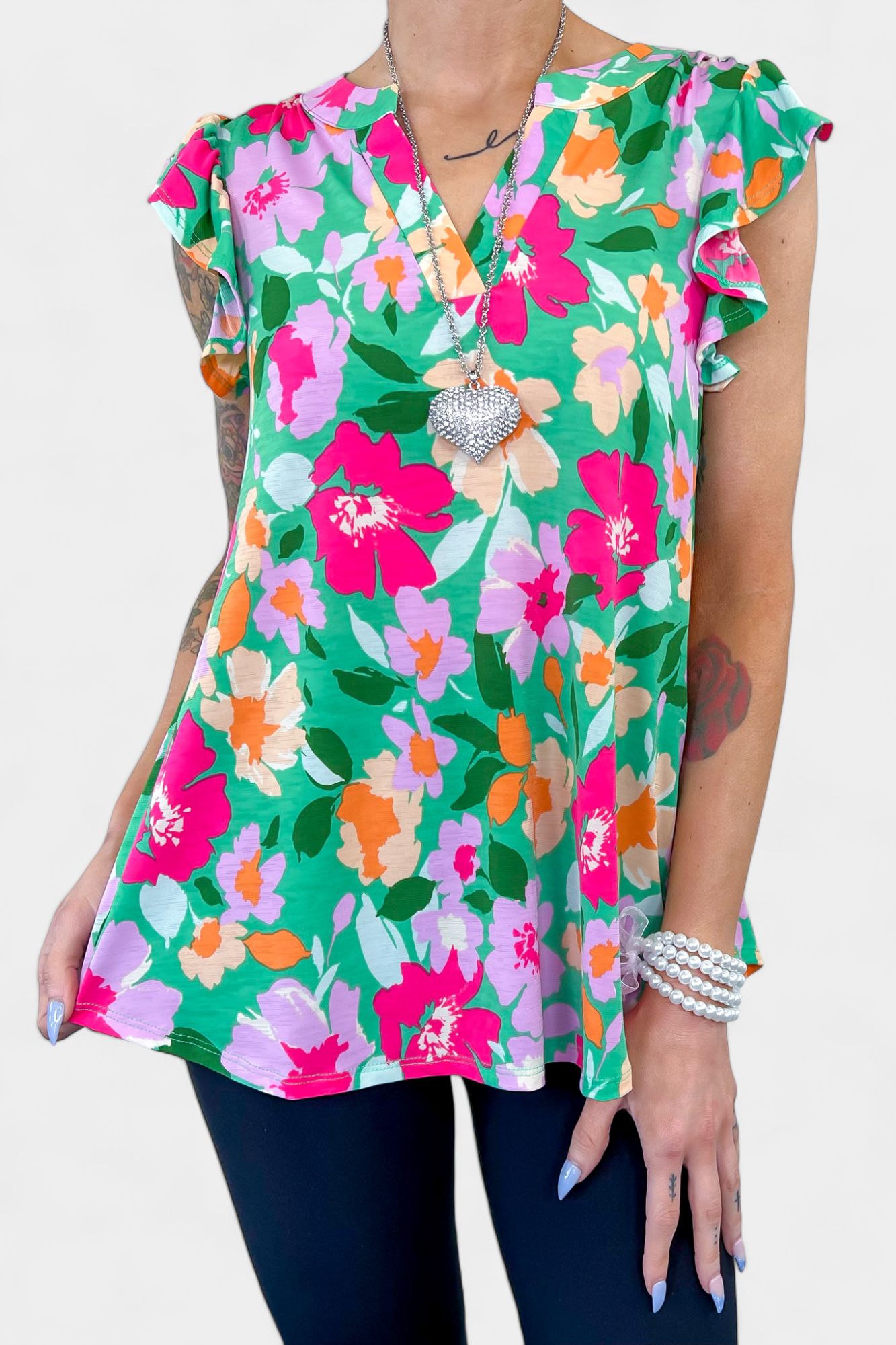Green Floral Lizzy Flutter Sleeve Top sold by ZZs product image thumbnail 4