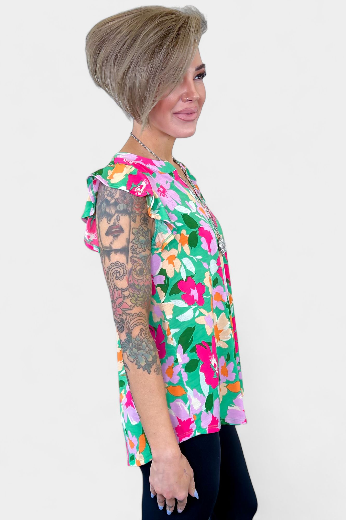 Green Floral Lizzy Flutter Sleeve Top sold by ZZs product image thumbnail 3