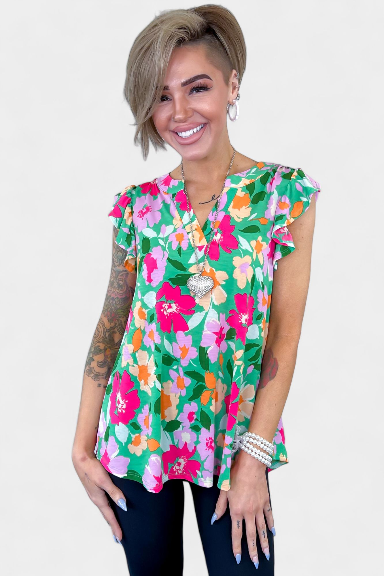 Green Floral Lizzy Flutter Sleeve Top sold by ZZs