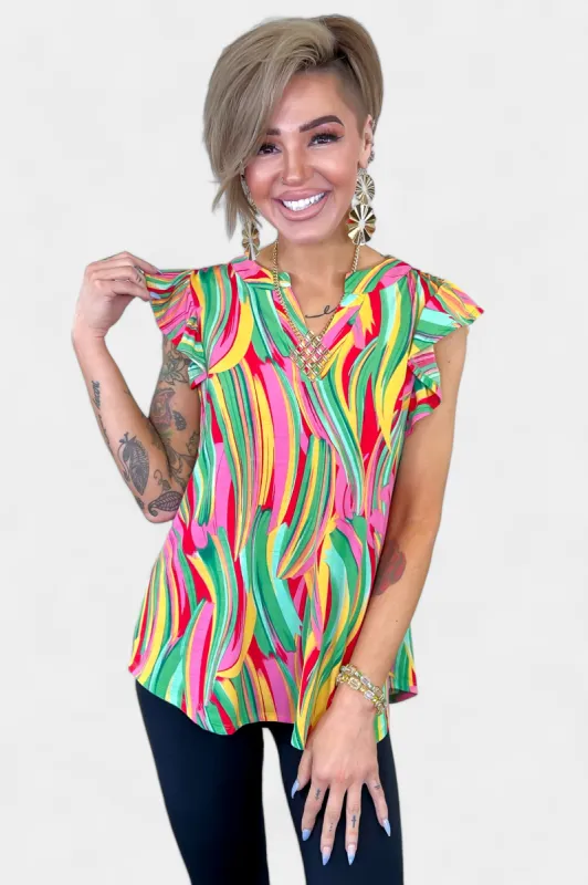 Green Multi Abstract Lizzy Flutter Sleeve Top sold by ZZs