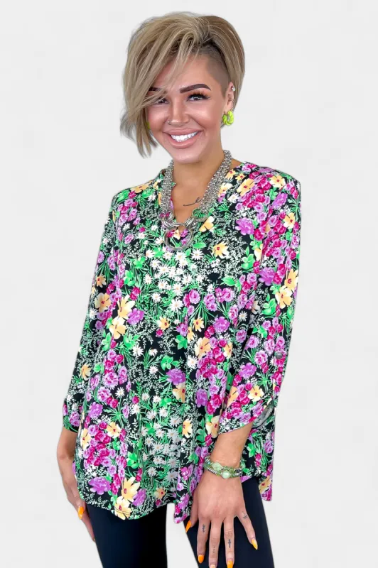 Black Multi Flower Lizzy Top sold by ZZs