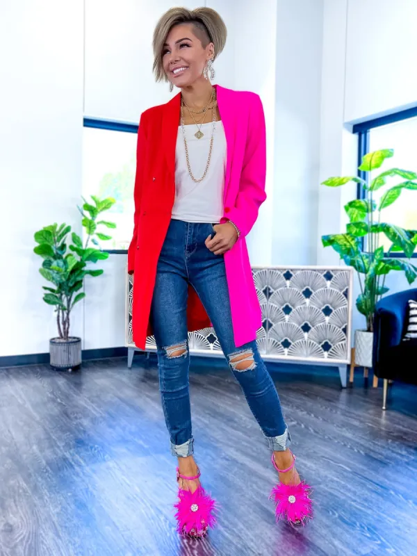 Colorblock Long Blazer | Pink & Red sold by ZZs