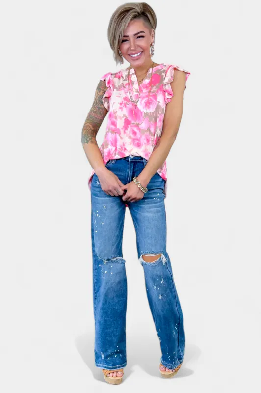 Oyster Floral Lizzy Flutter Sleeve Top sold by ZZs